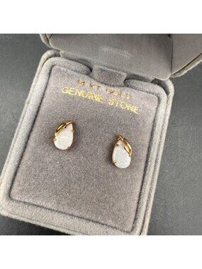 Vintage Opal Earrings Leaf 14K Gold Studs Botanical Pears Post Back Retro